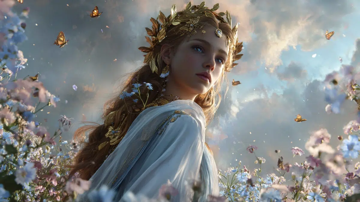 close up of Harmonia's face, youthful Greek goddess of harmony, radiant and serene, wearing flowing pale blue and white robes, golden laurel crown, standing in a tranquil meadow filled with flowers
