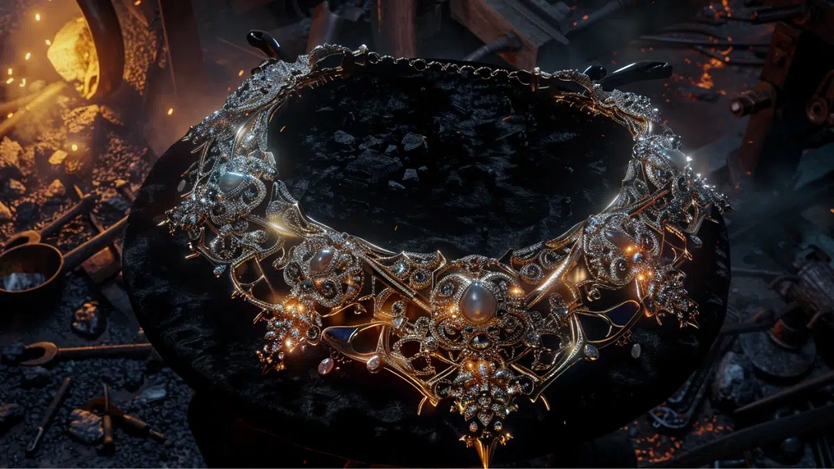 The Necklace of Harmonia, exquisite and ornate, forged by Hephaestus, glowing with divine craftsmanship, intricate gold links inlaid with shimmering gemstones radiating an eerie light