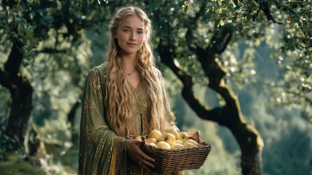 young woman with long blond hair in a green dress holds a basket of apples