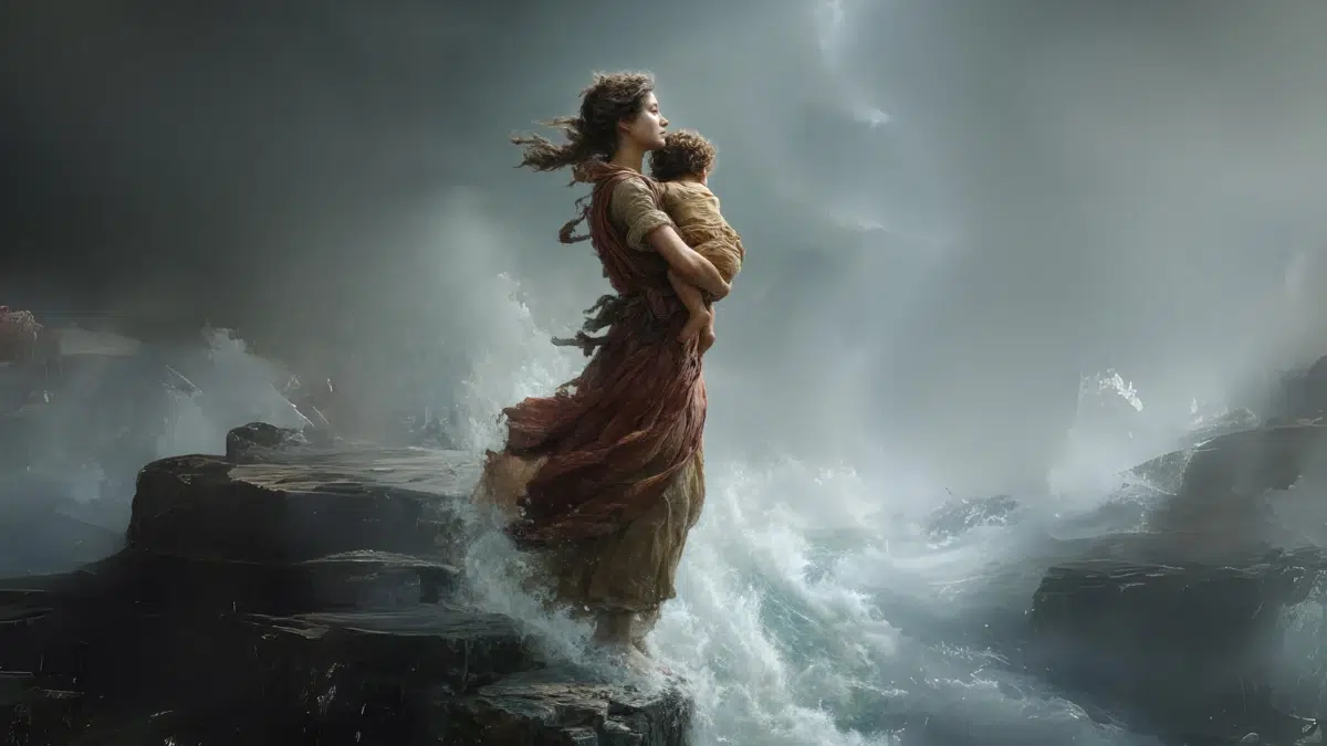 a young woman holds onto a small child, stands on the edge of the cliff about to jump into the sea