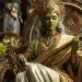 A regal Hindu Indian goddess with emerald-green skin, dressed in golden silk robes, seated on a jeweled throne