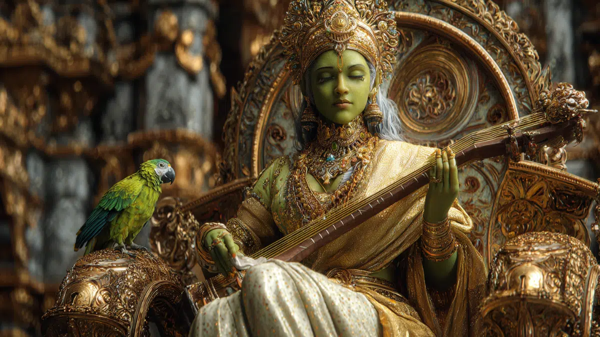 A regal Hindu Indian goddess with emerald-green skin, dressed in golden silk robes, seated on a jeweled throne