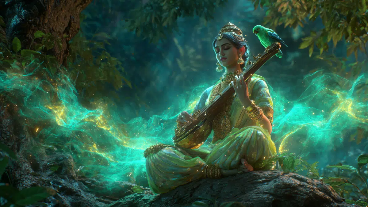 A Hindu Indian goddess glowing emerald green, speaking while radiant sound waves and golden letters flow from her mouth