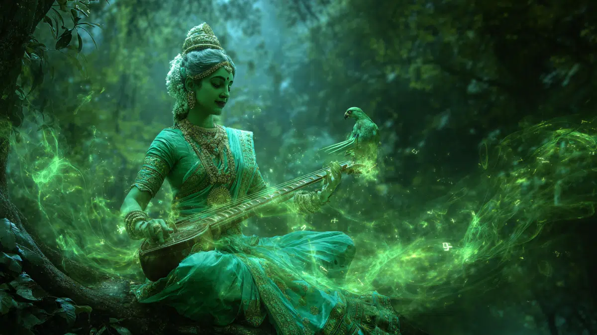 A Hindu Indian goddess glowing emerald green, speaking while radiant sound waves and golden letters flow from her mouth