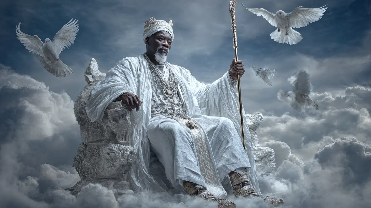 Obatala, Orisha of creation and wisdom in Yoruba mythology, depicted as a serene elder with white flowing robes and silver ornaments, staff in hand symbolizing authority, calm and dignified expression, surrounded by glowing white light