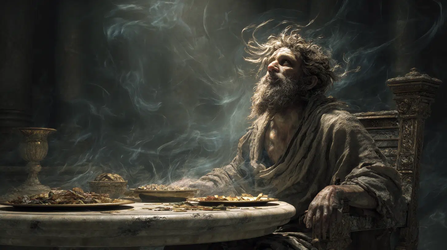 Phineus, the blind king of Thrace from Greek mythology, depicted as an aged, emaciated man with long unkempt hair and beard, blind eyes gazing upward, seated on a crumbling throne at a worn stone table