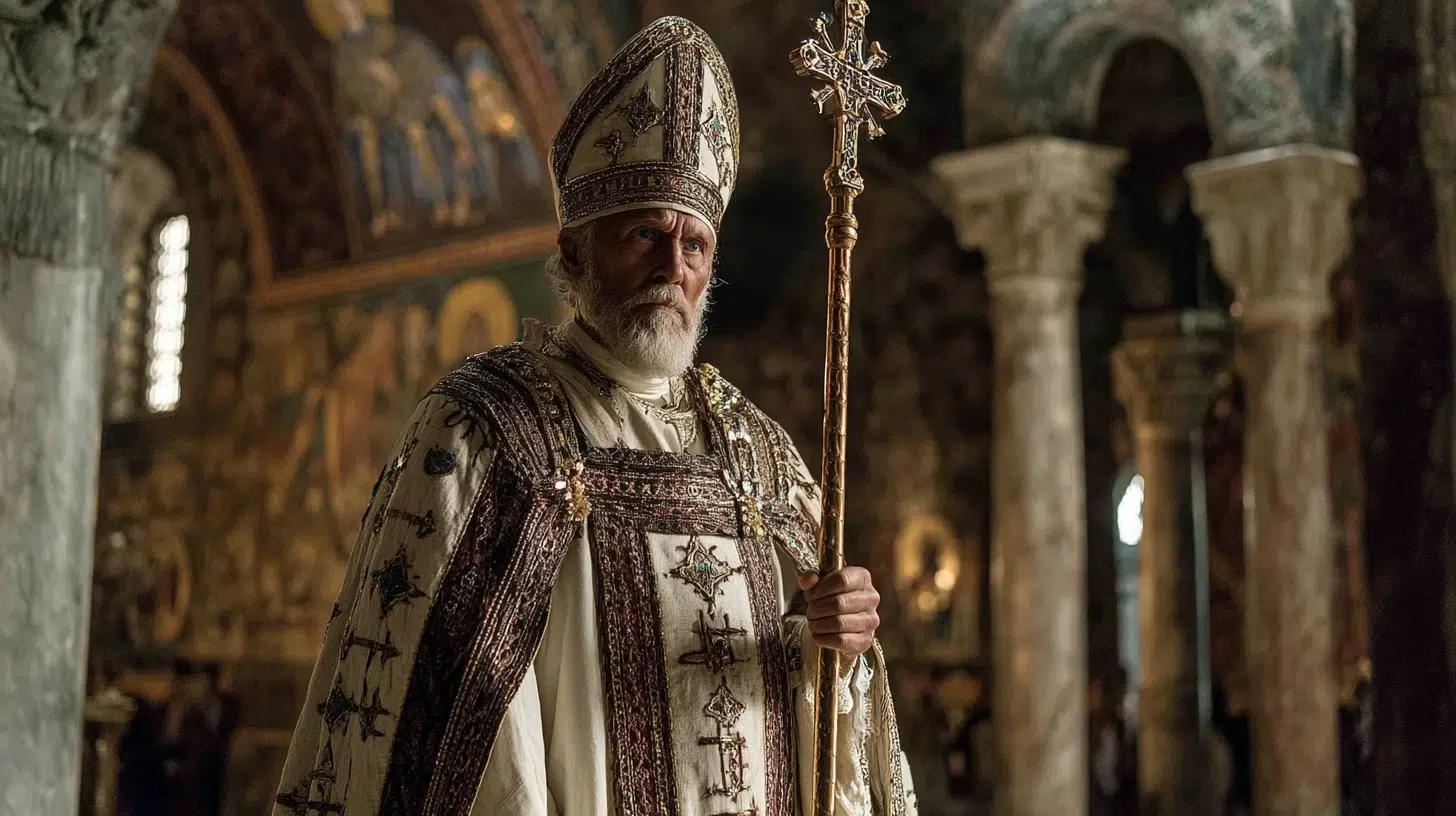 Pope Leo I the Great, 5th-century Roman pontiff, standing in solemn dignity, wearing early Christian papal vestments a white alb, richly decorated pallium with crosses