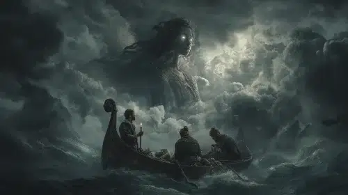 Sailors praying and casting offerings into the dark sea, terrified yet reverent of Rán, Norse sea goddess, her towering shadowy form with flowing hair and glowing eyes rising from the mist above the waves