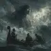 Sailors praying and casting offerings into the dark sea, terrified yet reverent of Rán, Norse sea goddess, her towering shadowy form with flowing hair and glowing eyes rising from the mist above the waves