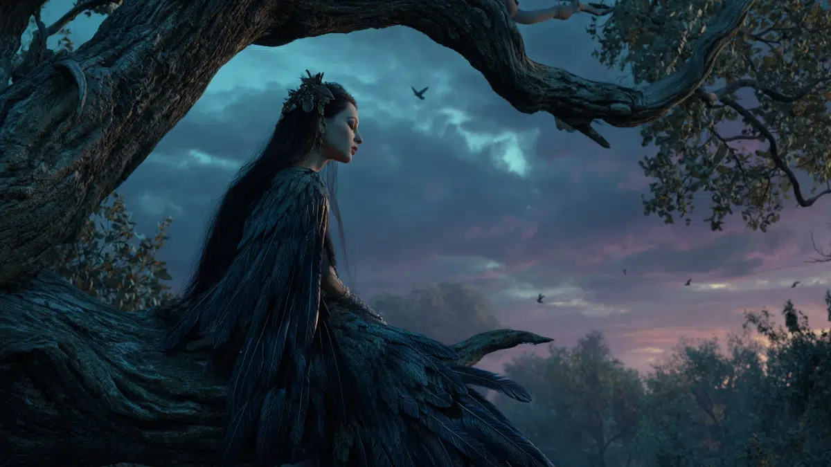 Sirin from Slavic mythology, a haunting half-woman, half-bird creature perched on a gnarled tree branch, beautiful woman’s face with sorrowful eyes and long flowing dark hair, body covered in bird feathers