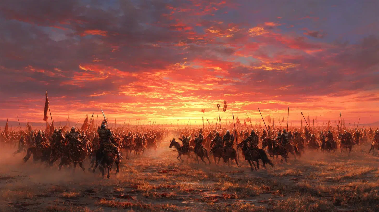 Battle of the Catalaunian Plains, 451 CE Attila the Hun leading his cavalry against a massive coalition of Roman legions and Visigoth warriors, chaotic battlefield with clashing horsemen, dust and blood in the air