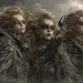 The Harpies of Greek mythology, known as the "snatchers," half-woman, half-bird creatures, depicted in a hyper-realistic dark fantasy style, gaunt yet strangely beautiful female faces, wild tangled hair blowing in the wind, enormous wings of dark feathers, sharp claws