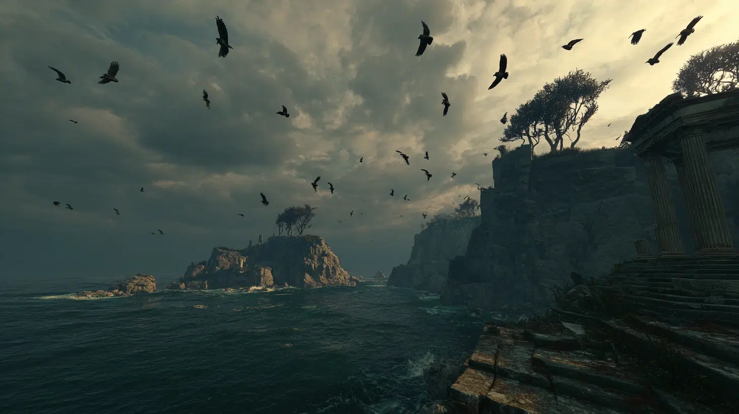 The Strophades Islands from Greek and Roman mythology, a desolate and eerie landscape surrounded by dark stormy seas, rocky cliffs rising sharply from the water, twisted trees bent by constant winds