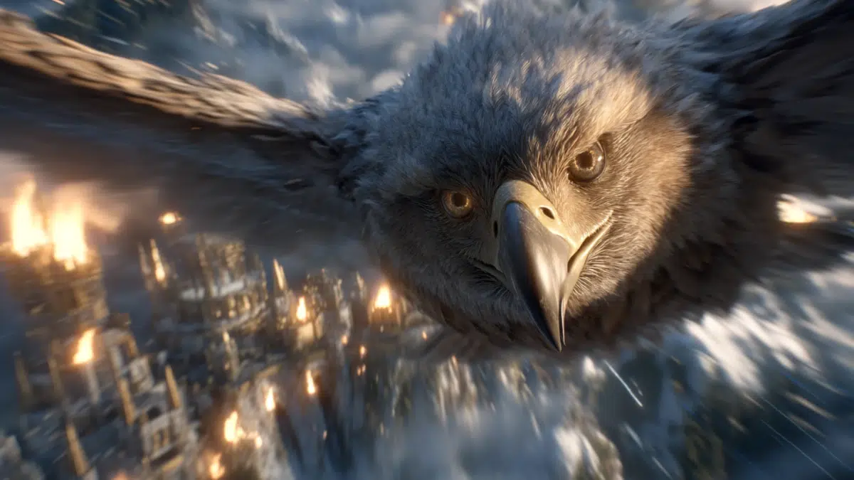 a closeup of an eagle soaring above Asgard
