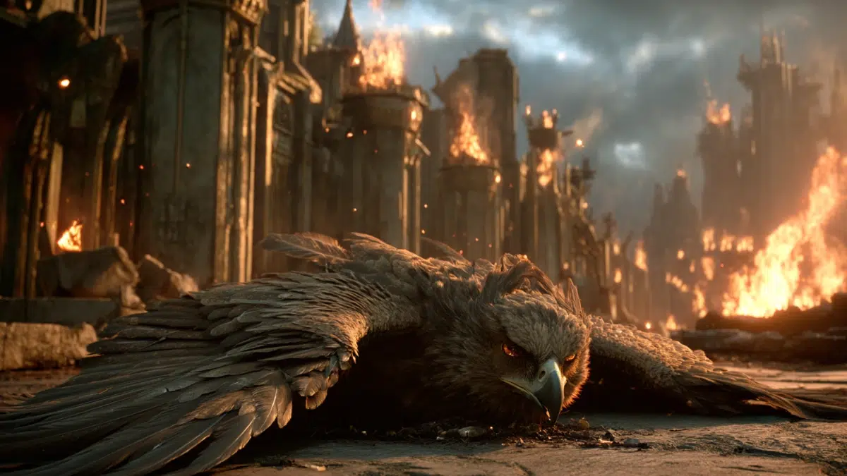 an eagle lays wounded on the ground, in the background is a burning wall