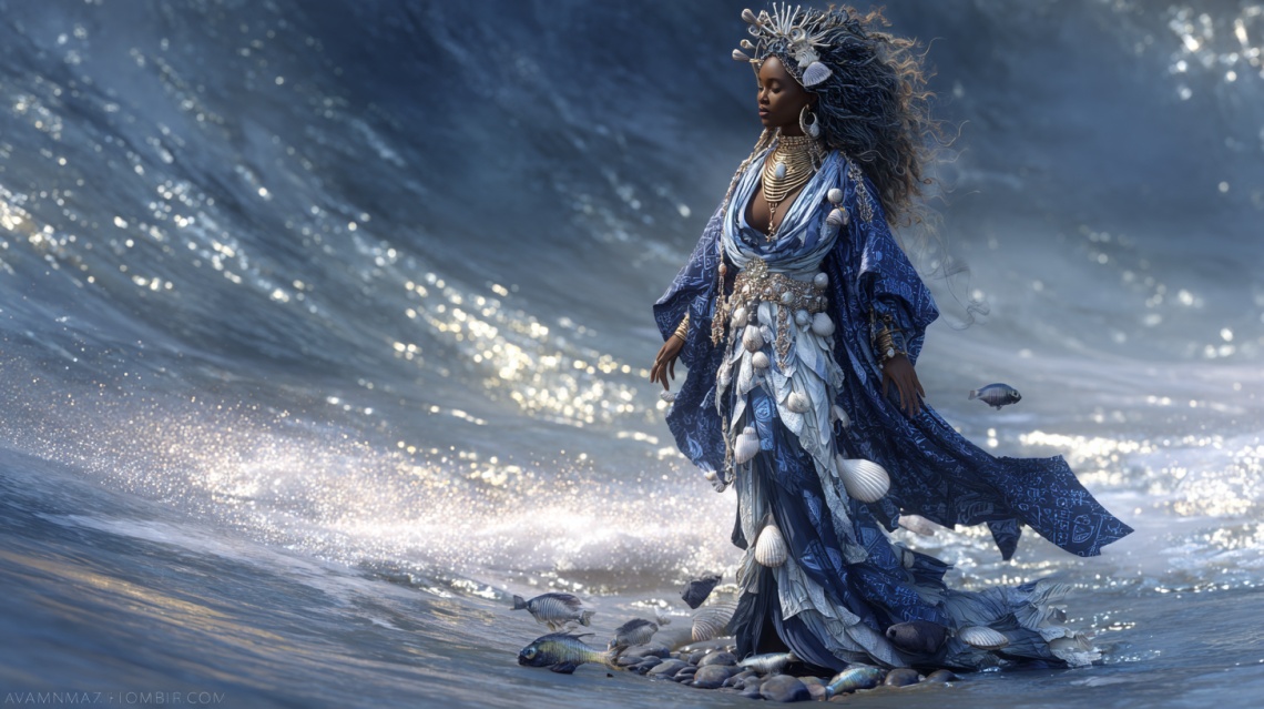 Yemoja, Yoruba goddess known as the Mother of All Waters, standing gracefully at the edge of a flowing river that merges into the sea, long flowing robes of deep blue and white, adorned with seashells and pearls, her hair cascading like waves