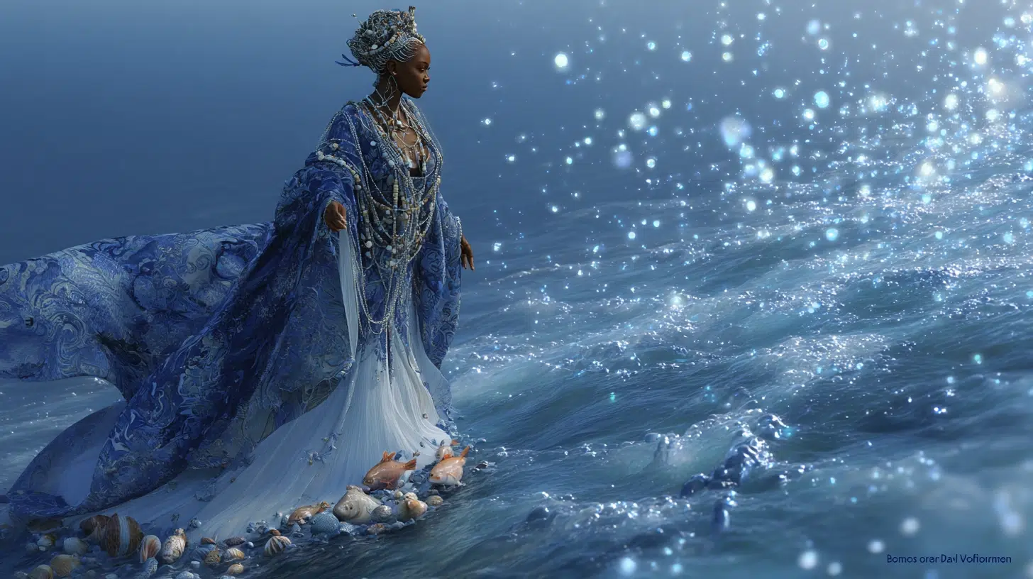 Yemoja, Yoruba goddess known as the Mother of All Waters, standing gracefully at the edge of a flowing river that merges into the sea, long flowing robes of deep blue and white, adorned with seashells and pearls, her hair cascading like waves