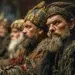 Attila the Hun, short and broad, large head, deep-set small eyes, flat nose, tanned skin, thin beard streaked with grey, wearing plain nomadic clothing of leather and wool, sitting in a wooden hall among richly dressed Hun nobles in furs and gold ornaments