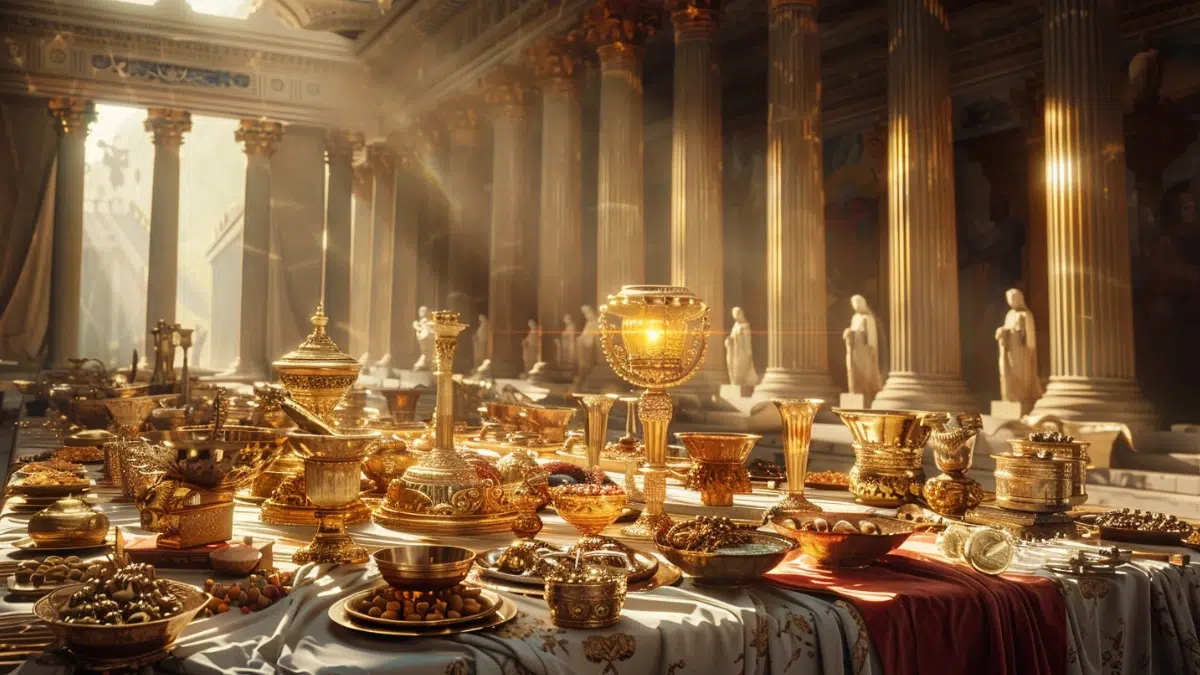 A lavish ancient Greek banquet table covered in divine wedding gifts, including the cursed Necklace of Harmonia glowing ominously, ornate golden cups, jeweled crowns, silver lyres