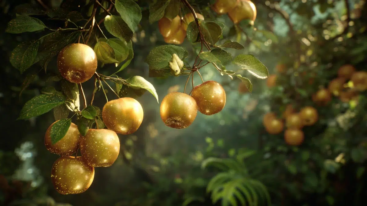 golden glowing apples hang from an apple tree