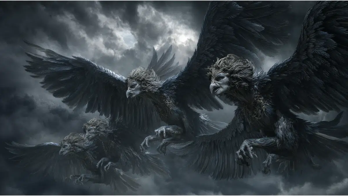 The Harpies of Greek mythology, terrifying half-bird half-woman creatures, depicted in a realistic cinematic style, gaunt female faces with sharp features and wild hair, bodies covered in dark feathers, large powerful wings outstretched, long talons