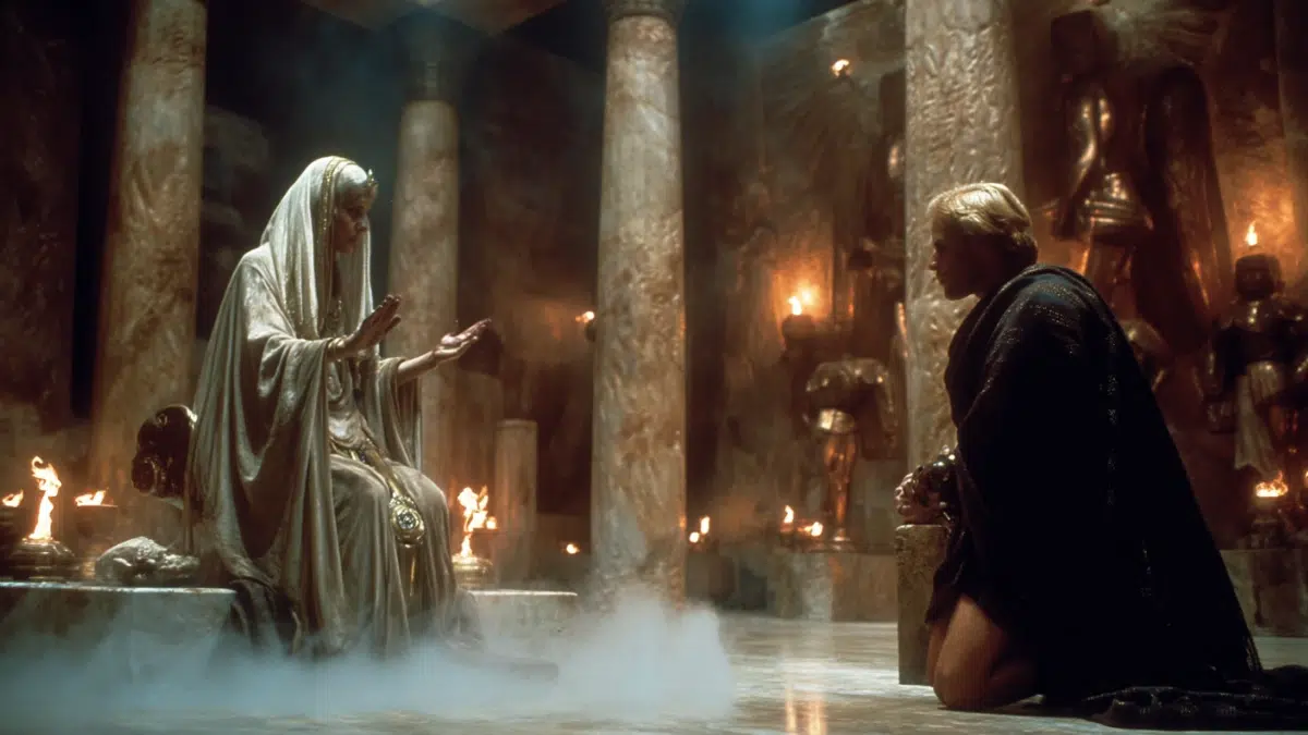 a blond prince kneels in a temple and looks towards an older veiled woman