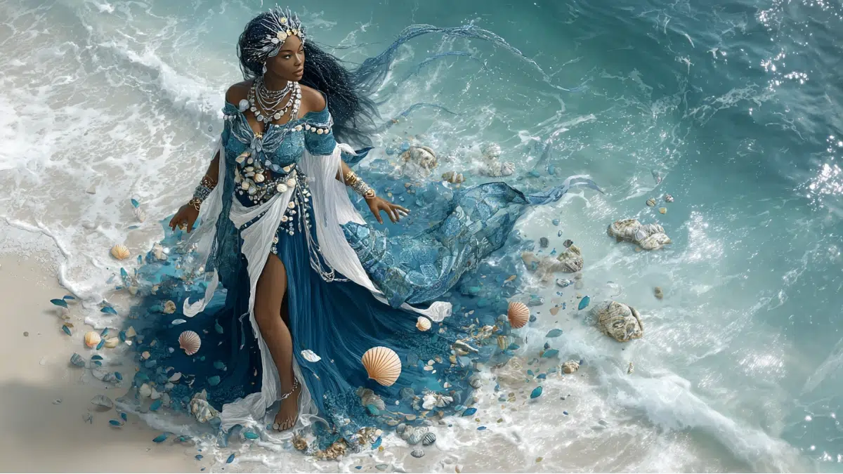 Yemoja, Yoruba goddess known as the Mother of All Waters, standing gracefully at the edge of a flowing river that merges into the sea, long flowing robes of deep blue and white, adorned with seashells and pearls, her hair cascading like waves