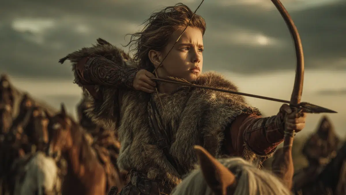 Young Attila the Hun on the vast grasslands of Pannonia (ancient Hungary) as a boy in fur-lined nomadic clothing, practicing archery on horseback