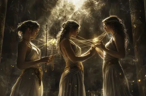 three sisters stand in a dimly lit cosmic void, surrounded by swirling threads of fate glowing with golden energy. Their robes are dark and ethereal, adorned with celestial patterns. The background consists of misty shadows and a vast cosmic expanse, symbolizing the unseen forces of destiny