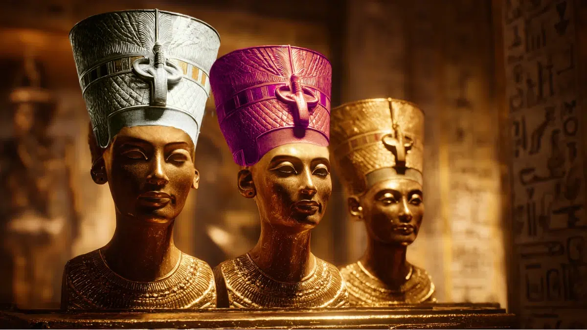 Three crowns of ancient Egypt float above a golden altar bathed in divine light