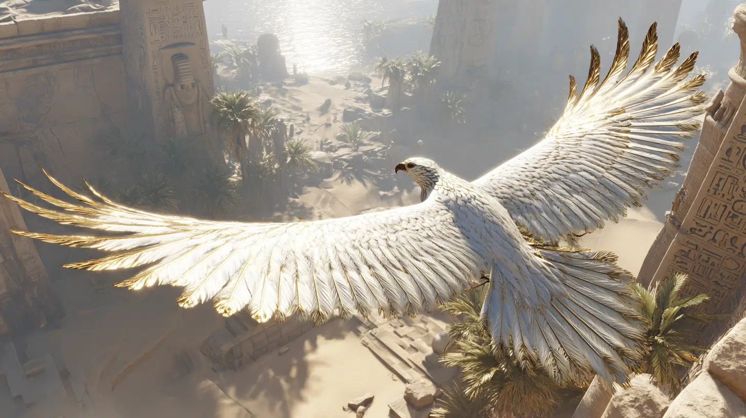 A majestic white vulture goddess soars above the golden sands of Upper Egypt, wings fully outstretched in a protective gesture over a pharaoh below. Her feathers glisten in sunlight, tipped with gold.