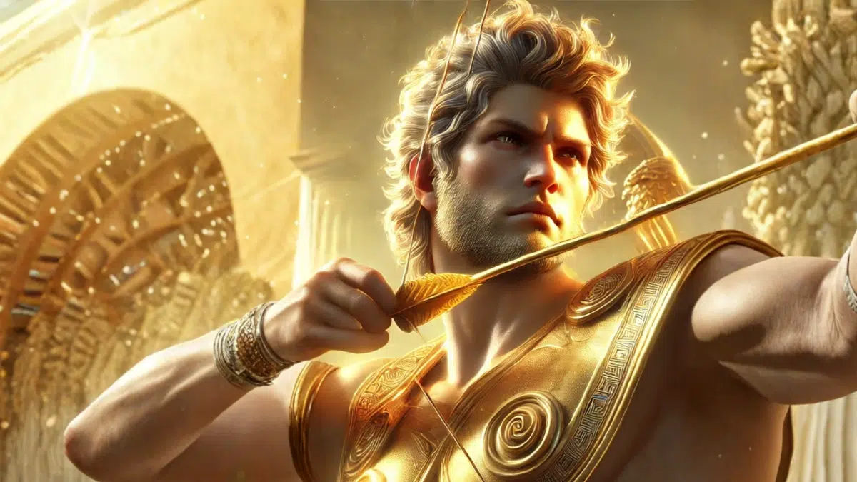golden Apollo uses his bow and arrow
