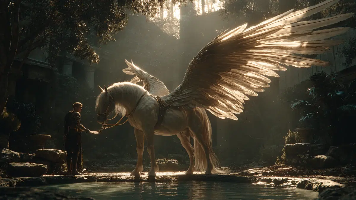 Bellerophon stands beside the great white winged horse Pegasus