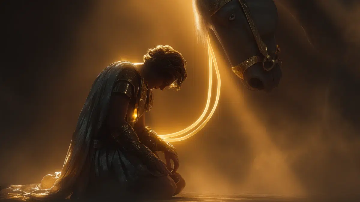 Bellerophon kneels on the ground beside a horse holding a golden bridle