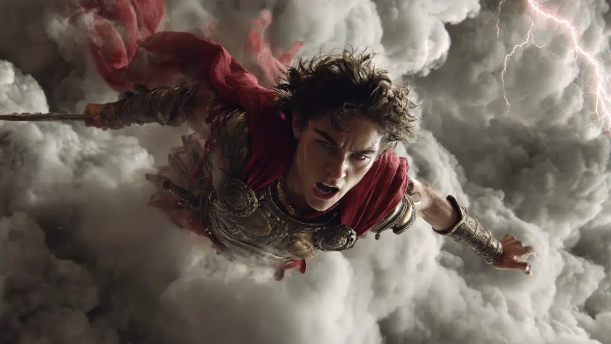 Bellerophon wearing red and gold armour falls through the clouds