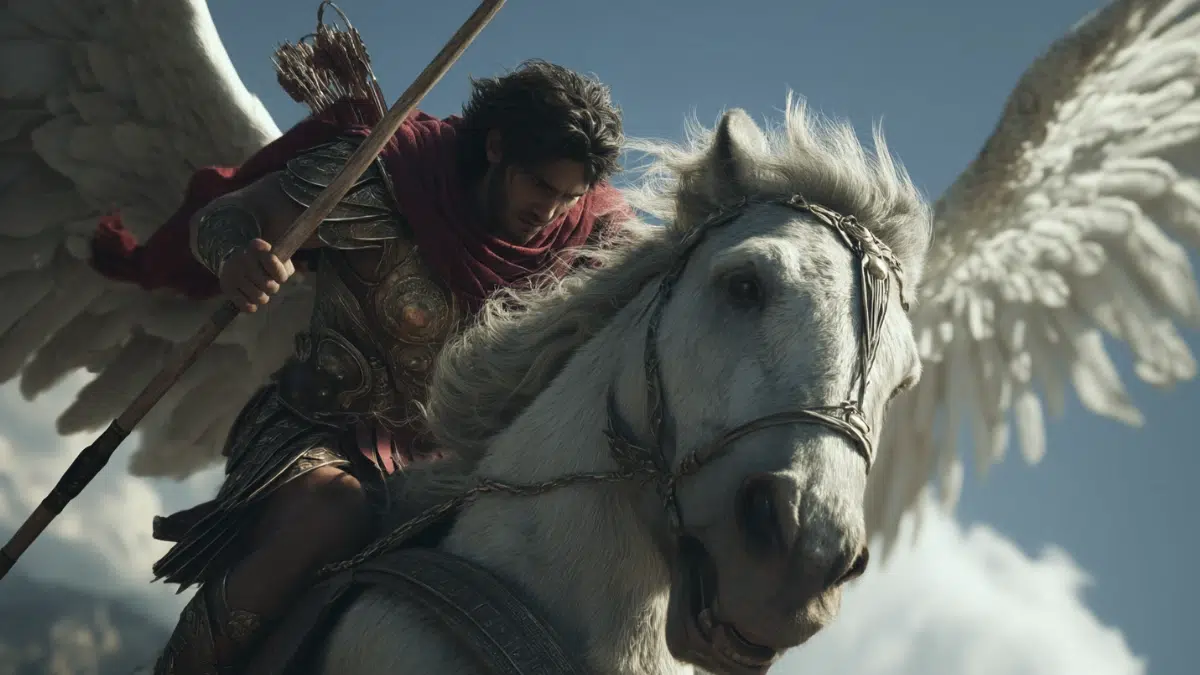 the Greek hero Bellerophon wearing gold and red armor rides a white winged horse in the sky