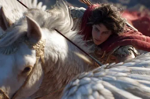 Bellerophon riding a white winged horse i nthe skies