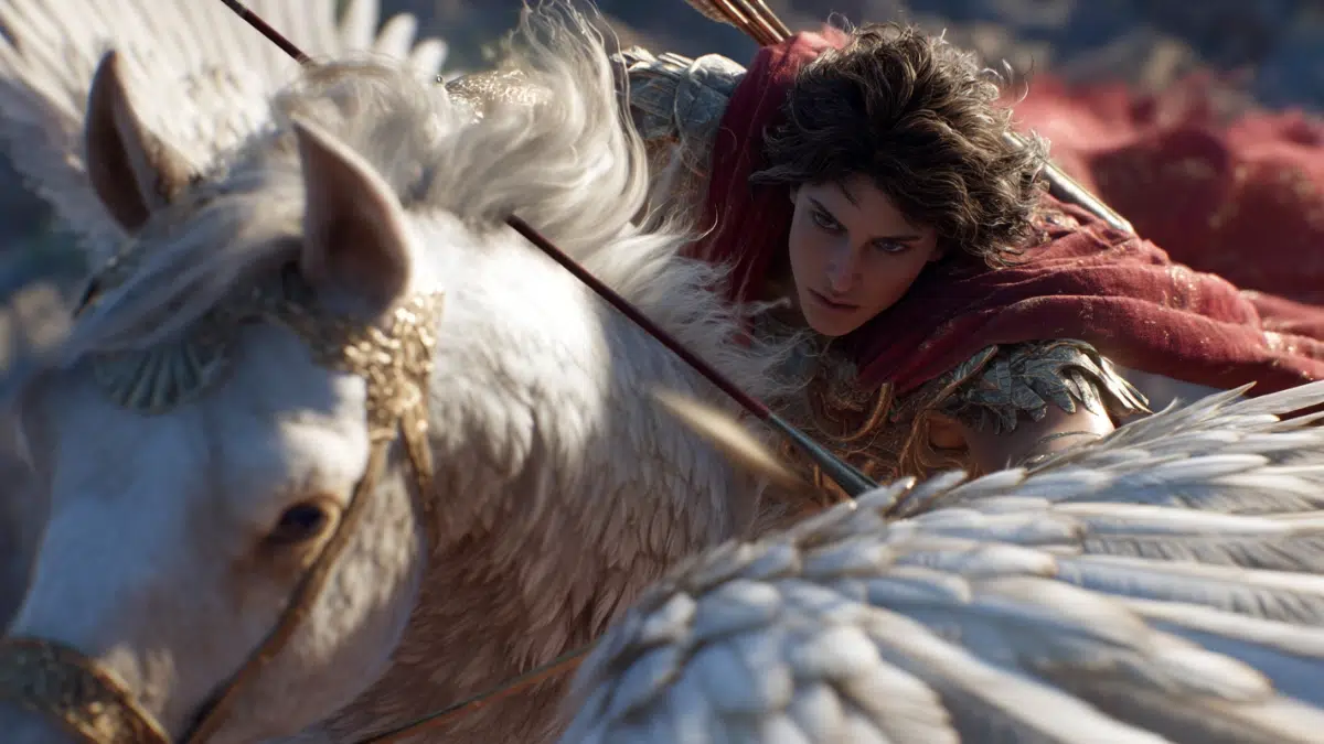Bellerophon riding a white winged horse i nthe skies