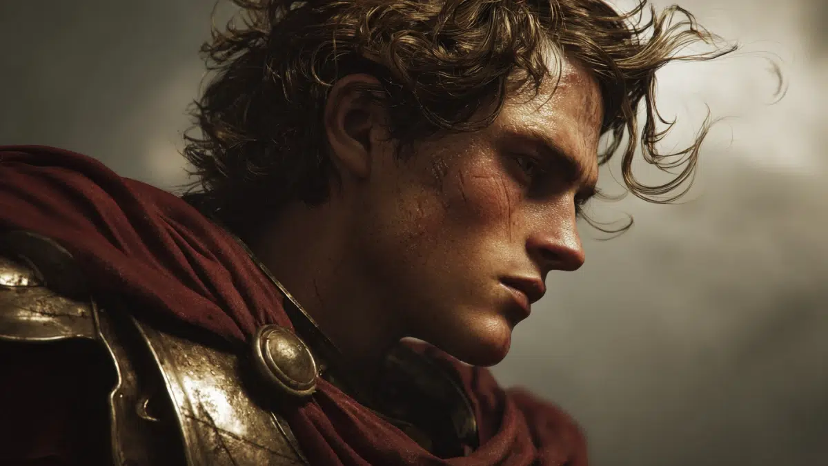 the Greek hero Bellerophon wearing red and gold armour, with dark wavy hair