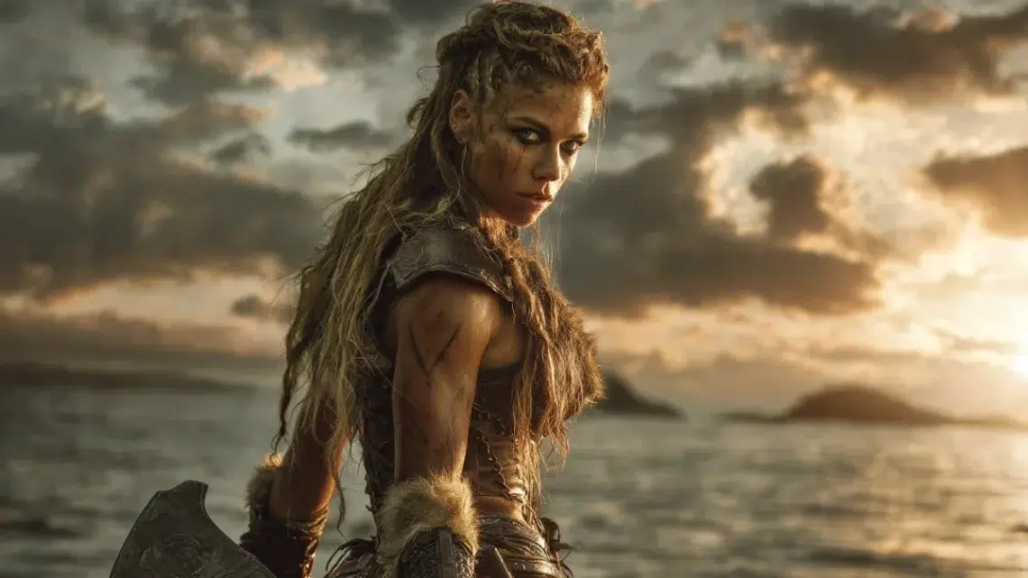 a Viking woman with sun-kissed tan skin and golden braided hair cascading down her back, gaze directly to viewer