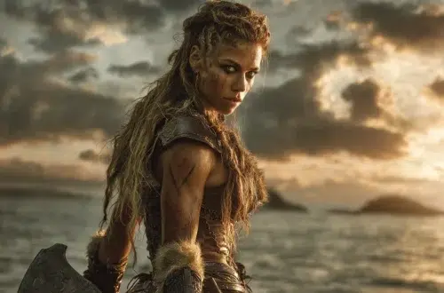 a Viking woman with sun-kissed tan skin and golden braided hair cascading down her back, gaze directly to viewer