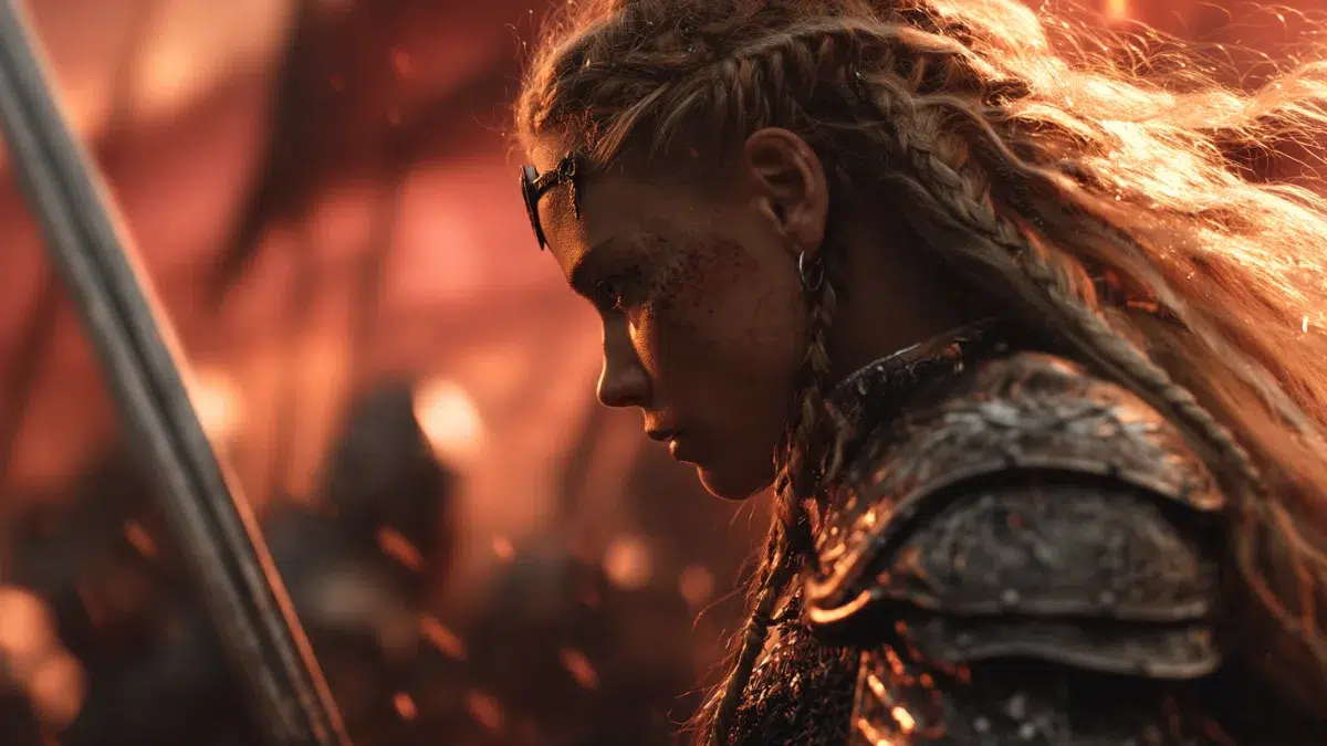 On a stormy battlefield. Brynhildr glowing with fierce golden light, long braided hair whipping in the wind, silver runic armour shining