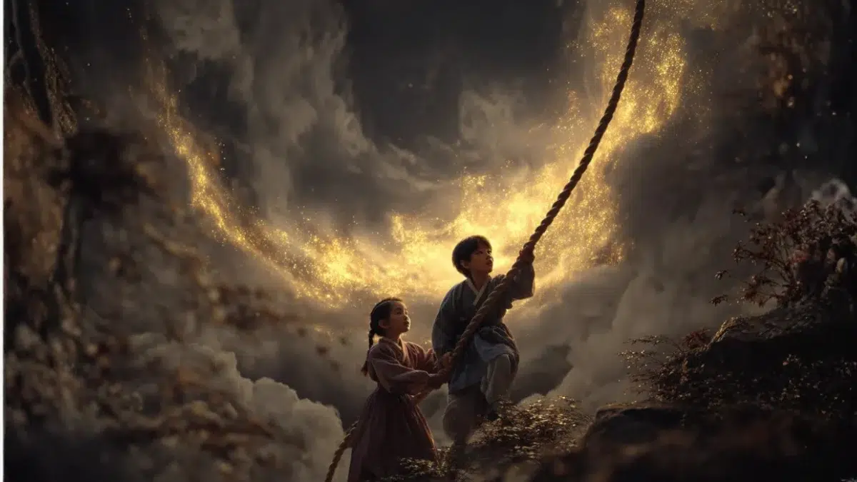 a golden robe drops from the sky and a girl and boy start to climb up