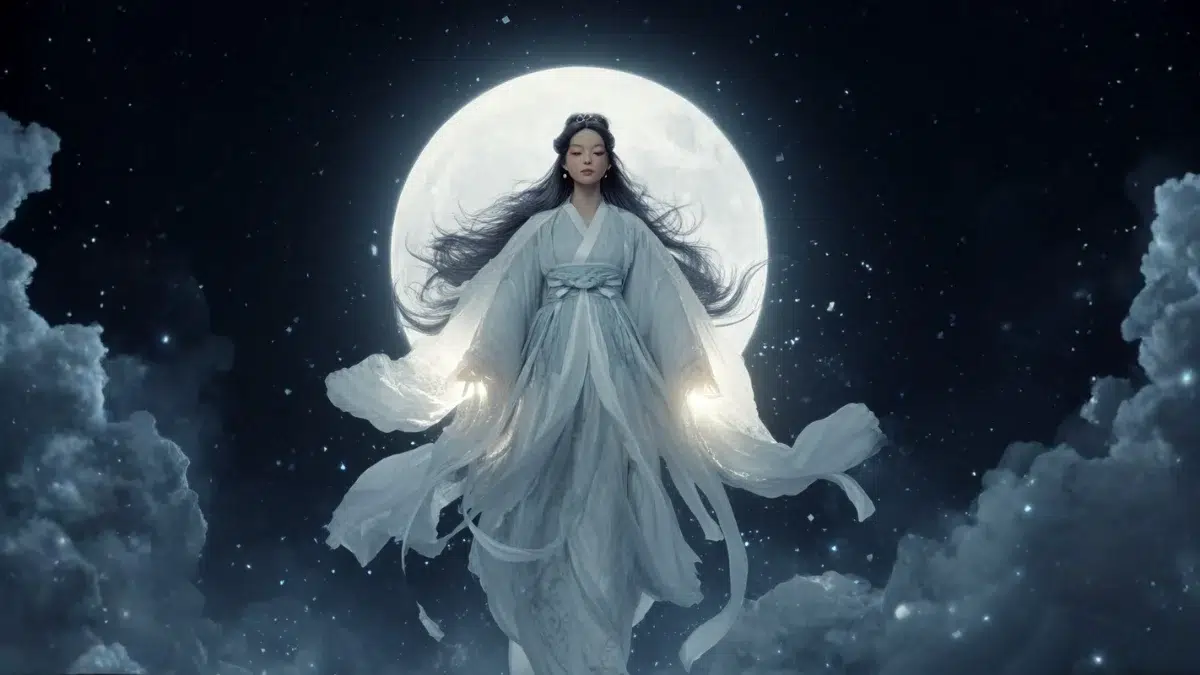 Dalnim, the Korean Moon Goddess, stands bathed in soft silver light against a vast night sky. The full moon glows behind her like a radiant crown, casting a gentle aura over her flowing white and pale blue robes.
