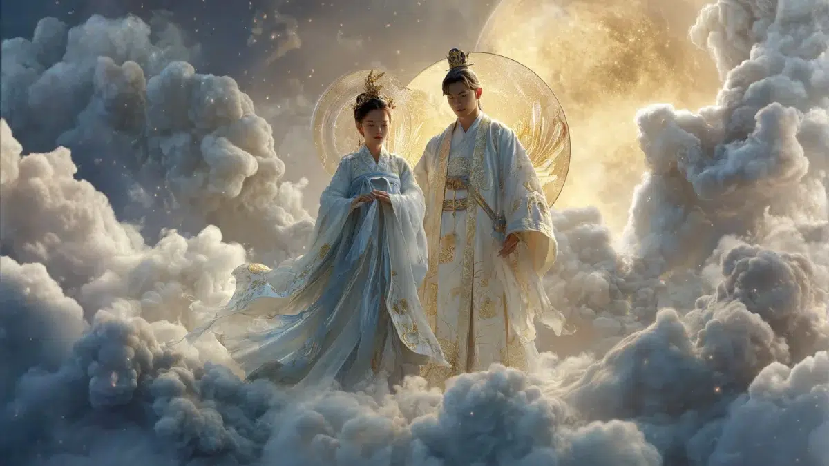 heavenly realm, the sister transforming into the Moon Goddess with a silver glow, long flowing hanbok in soft whites and blues, her younger brother transforming into the Sun God