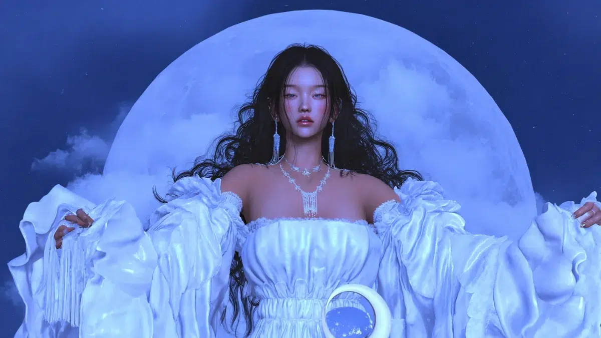 Dalnim, the Korean Moon Goddess, stands bathed in soft silver light against a vast night sky. The full moon glows behind her