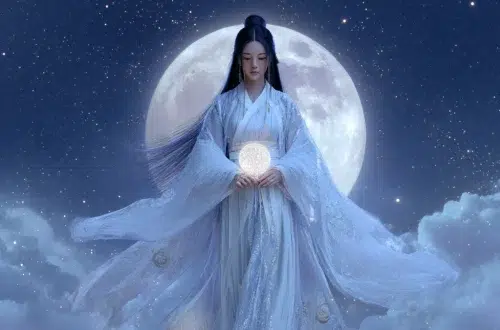 Dalnim, the Korean Moon Goddess, stands bathed in soft silver light against a vast night sky. The full moon glows behind her like a radiant crown,