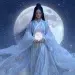 Dalnim, the Korean Moon Goddess, stands bathed in soft silver light against a vast night sky. The full moon glows behind her like a radiant crown,