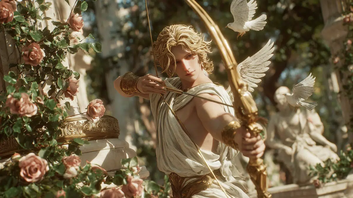 Eros, Greek god of love, depicted as a youthful and radiant figure with tousled golden hair and graceful feathered wings, ultra-realistic. He stands in a serene garden filled with blooming roses and ivy-covered marble statues, holding a golden bow with a glowing arrow poised