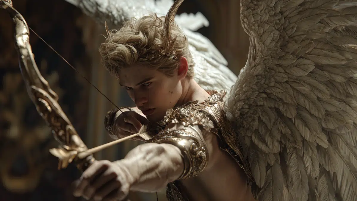 Eros the god of love drawing his bow and arrow